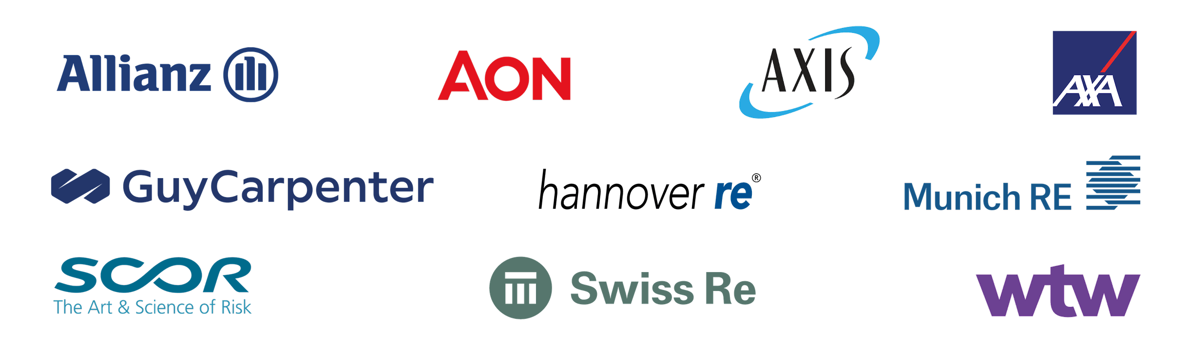 Représentation des logos suivants : Allianz, AON, Axis, AXA, Guy Carpenter, Hannover RE, Munich RE, SCOR, Swiss RE et wtw