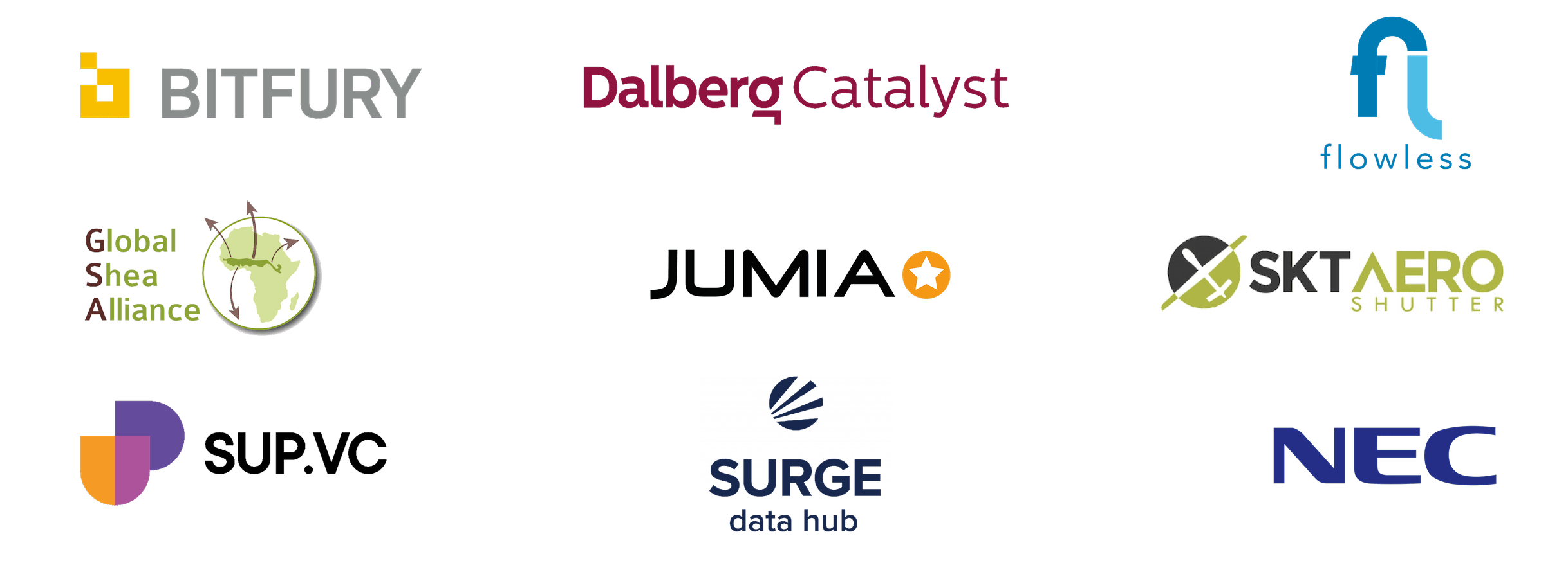Représentation des logos suivants : Bitfury, Dalberg Catalyst, FlowLess, Global Shea Alliance, Jumia, NEC, SKT AeroShutter, SUP.VC, Surge Data Hub