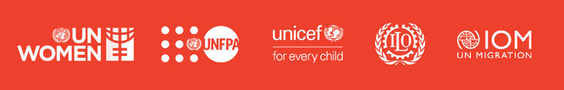 logos of the following organizations: UN Women, UNFPA, UNICEF, ILO and International Organization for Migration