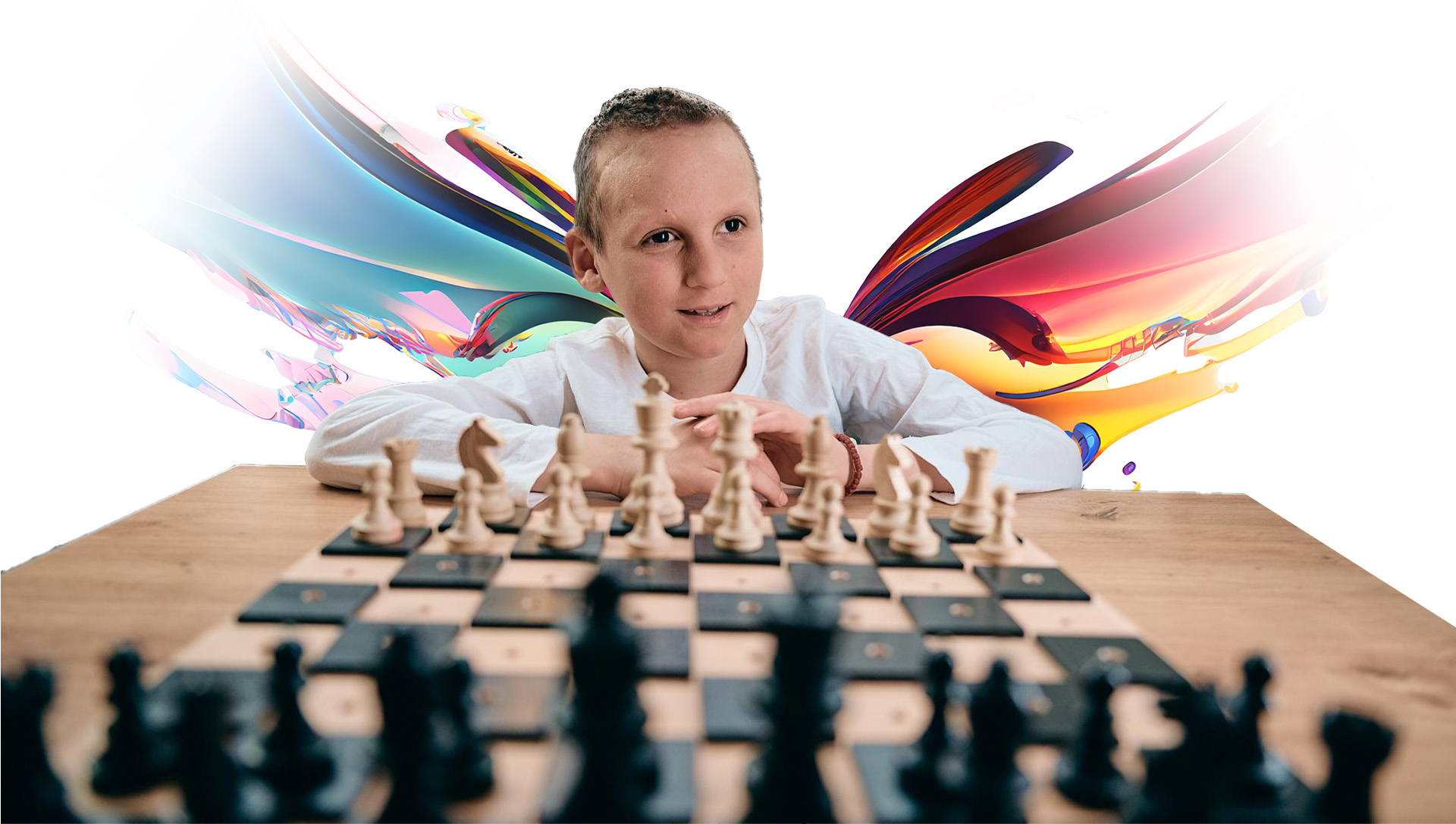Photo of a boy playing chess against a colorful AI-generated background
