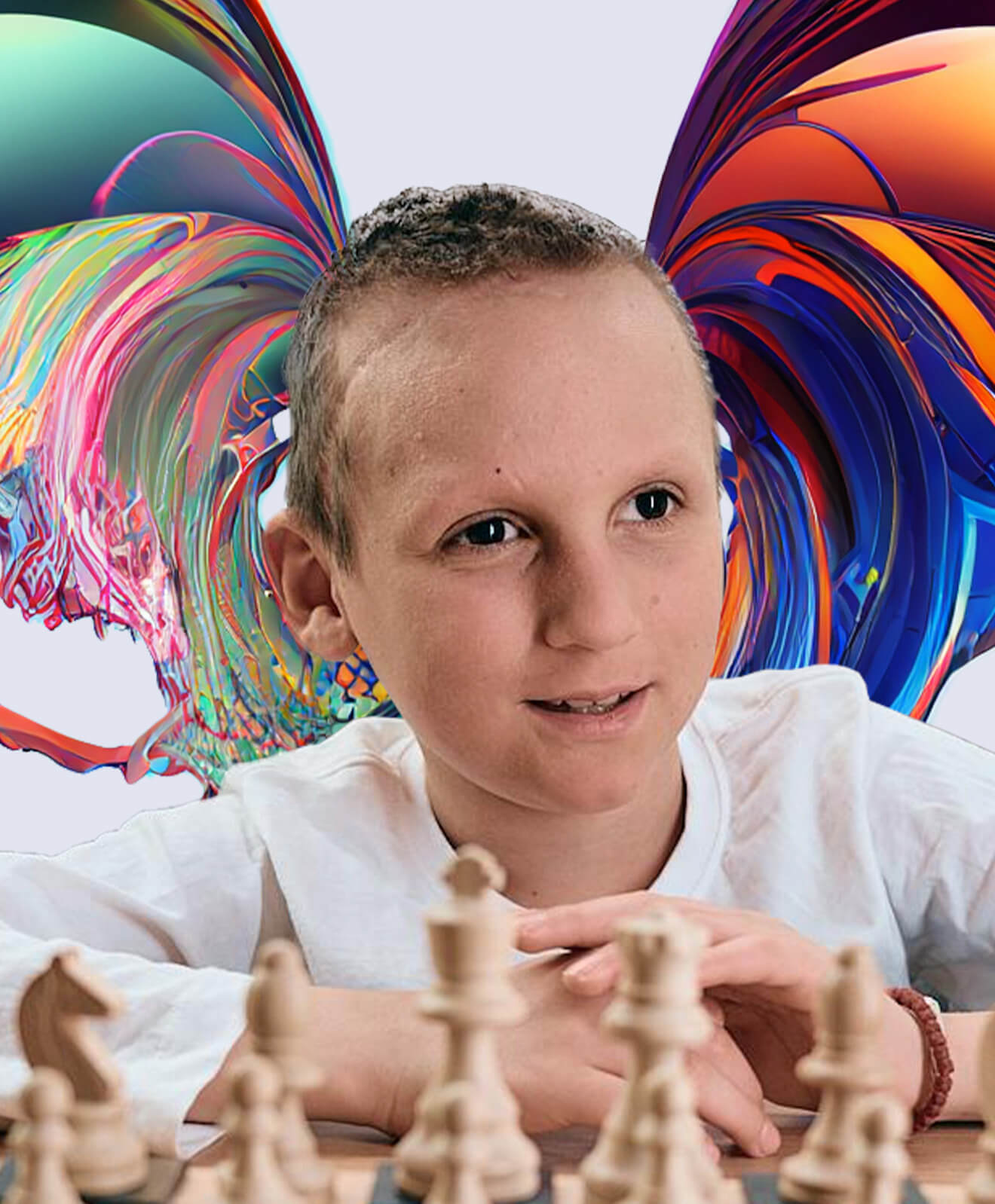 Photo of a boy playing chess against a colorful AI-generated background