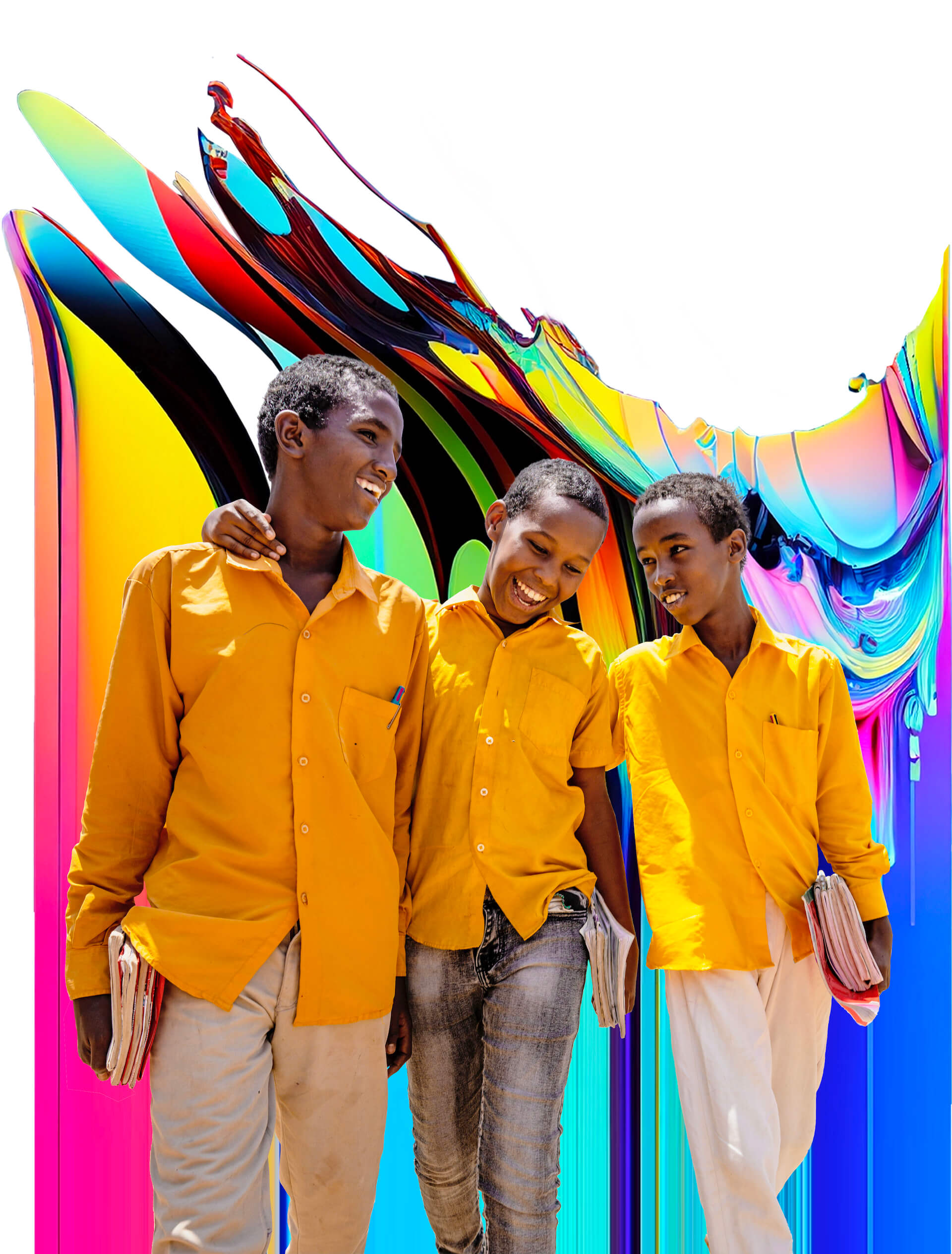 Three Somalian boys smiling against a colorful background