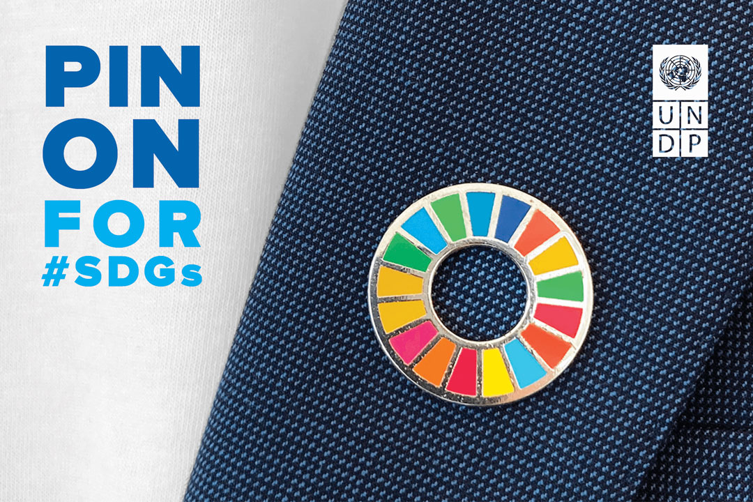 An image of the SDG wheel pin on a lapel, with the sentence 'Pin on for #SDGs'