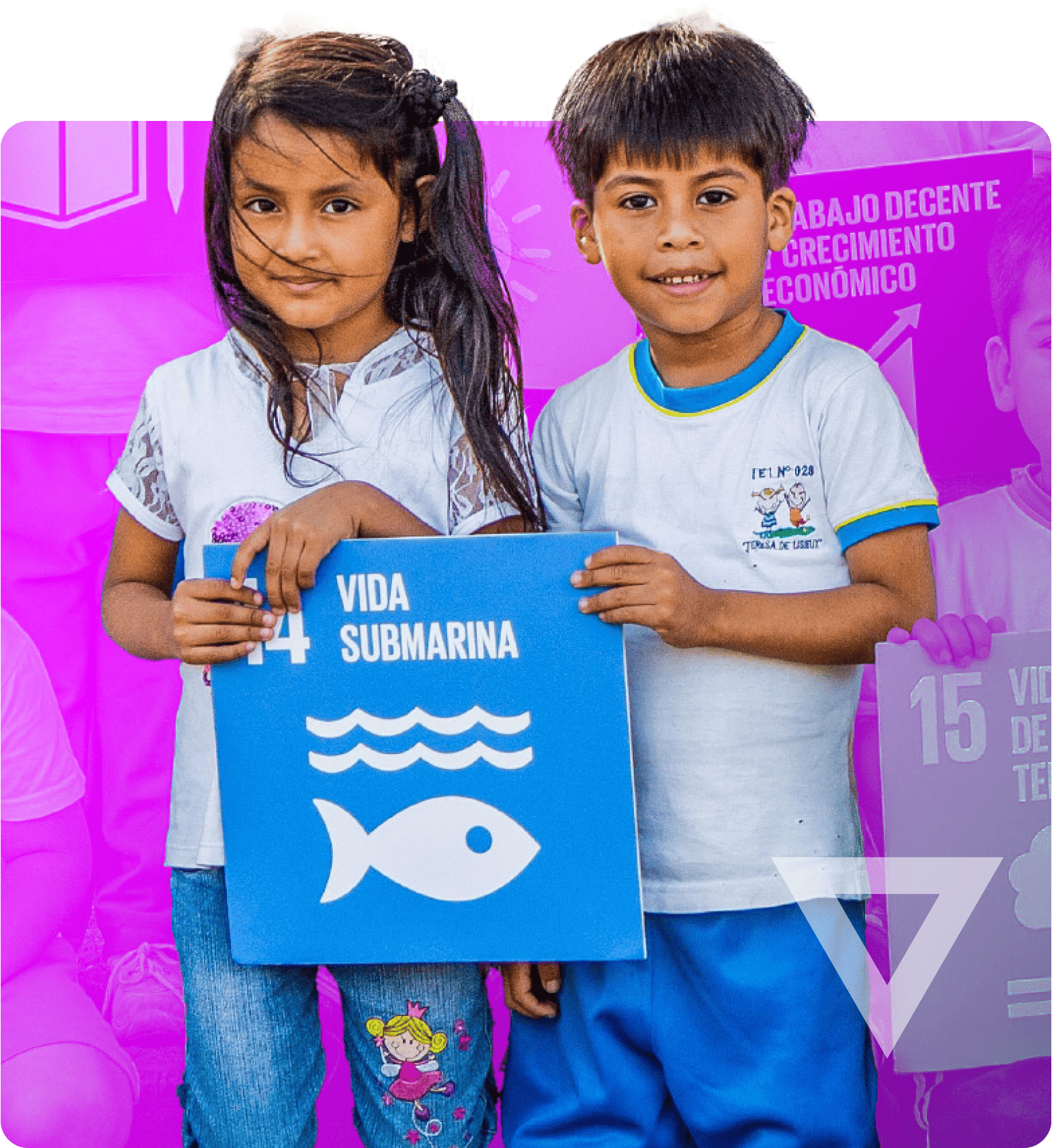 a girl and a boy holding up a sign for SDG 14 life below water